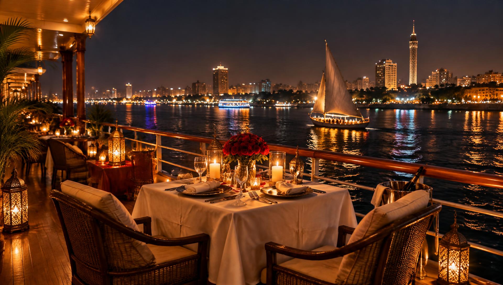 Candlelight dinner on the deck of a Nile cruise